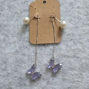 Purple Butterfly and Faux Pearl Double Sided Silver Tone‎ Dangle Earrings